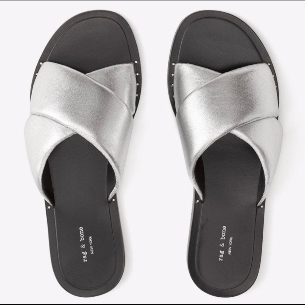 Rag & Bone Keaton Slide Size 6. Silver Leather Sa… - image 1